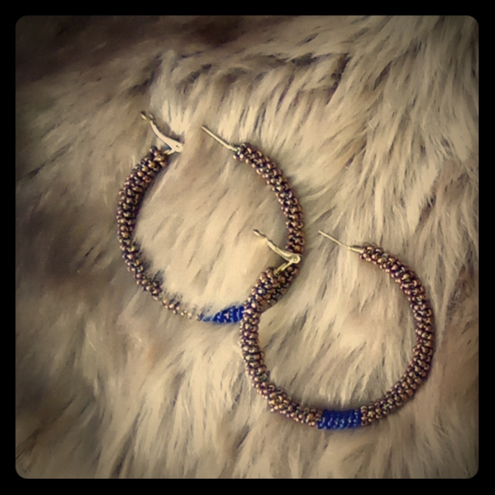 Brown + Deep Blue Hoop Earrings NWT